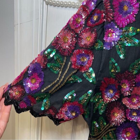 Vintage Laurence Kazar Silk Floral Beaded Sequined Top Multicolor Formal - Picture 11 of 16